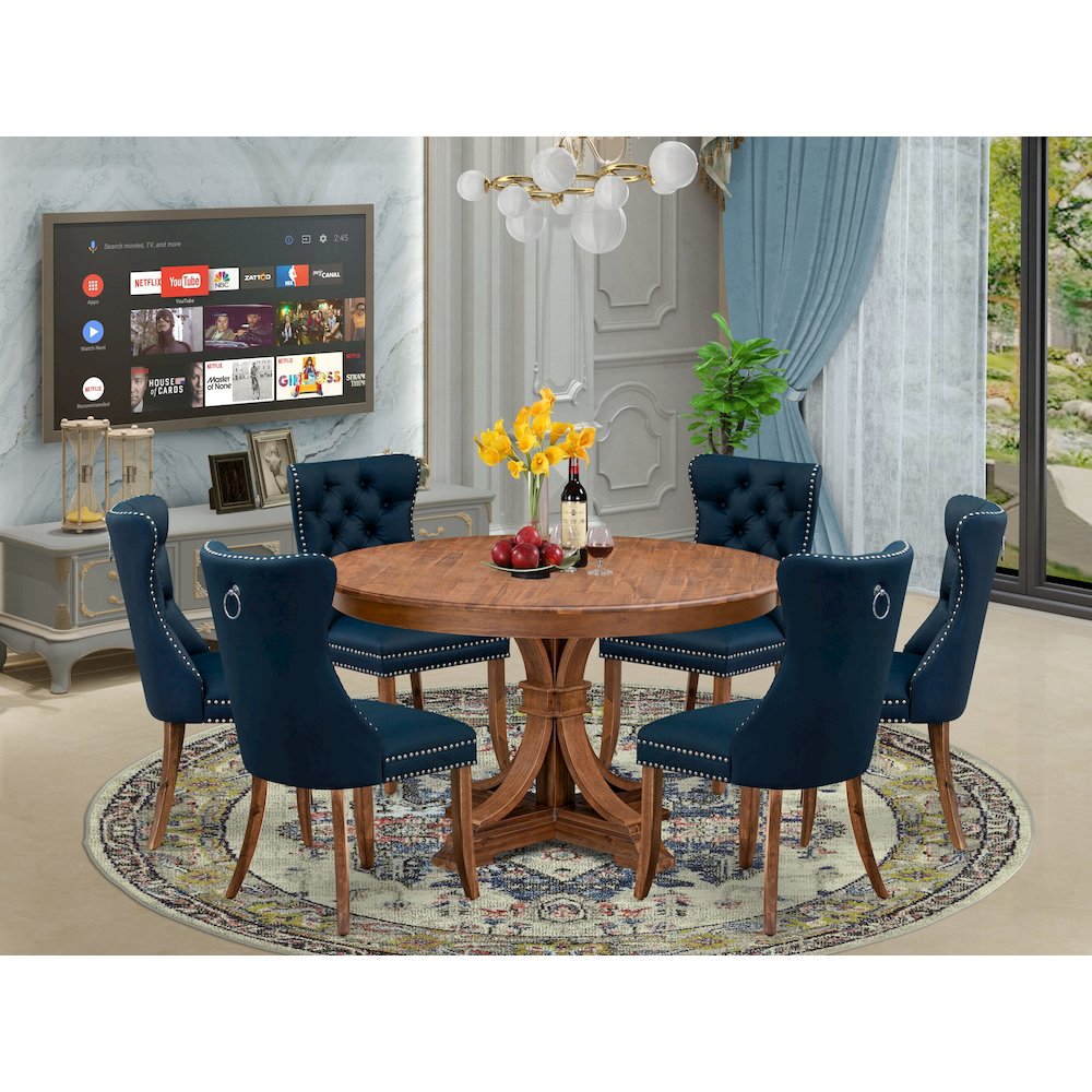 7-Pc Dining Room Set Contain A Dining Room Table And 6 Navy Blue Padded Chairs