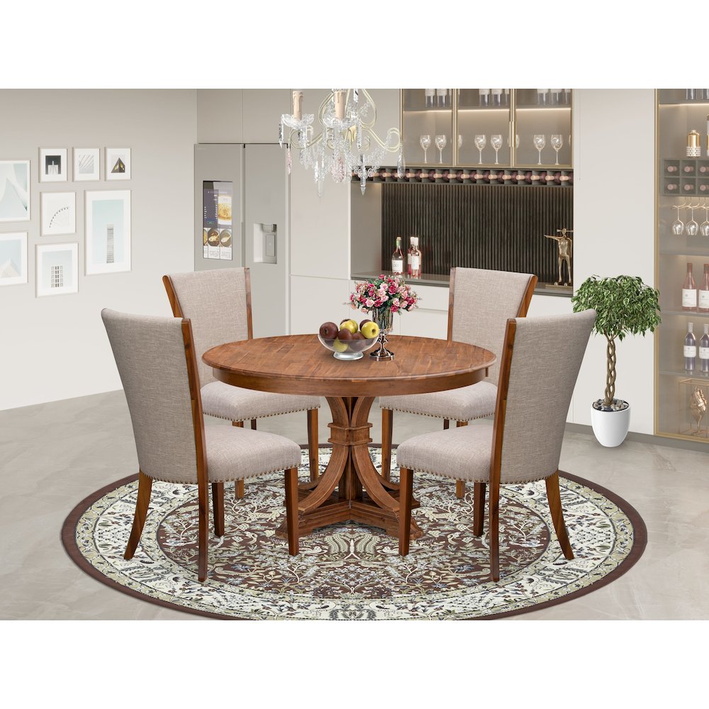 5 Piece Kitchen Table Set Contains 54″ Round Table In Light Tan Color