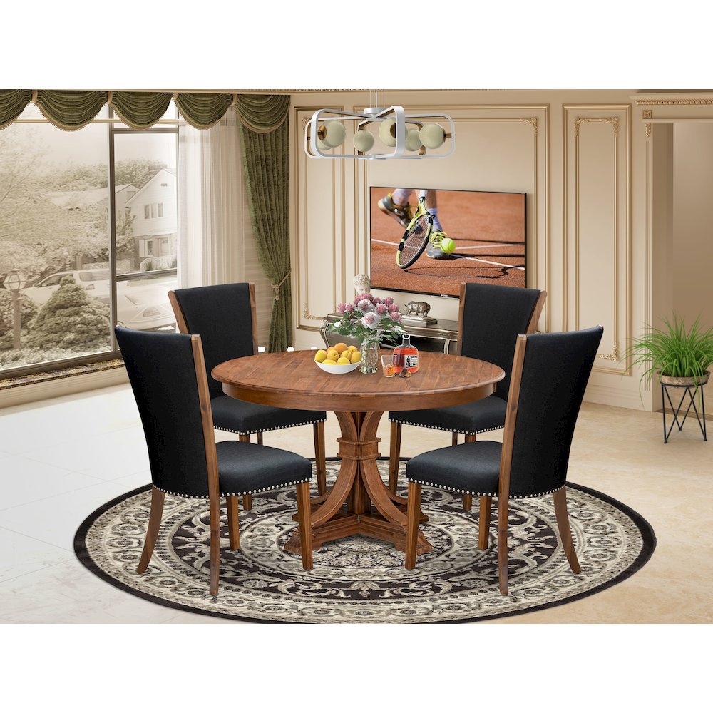 5 Piece Dinette Set For 4 Consists Of 54″ Round Table In Black Color
