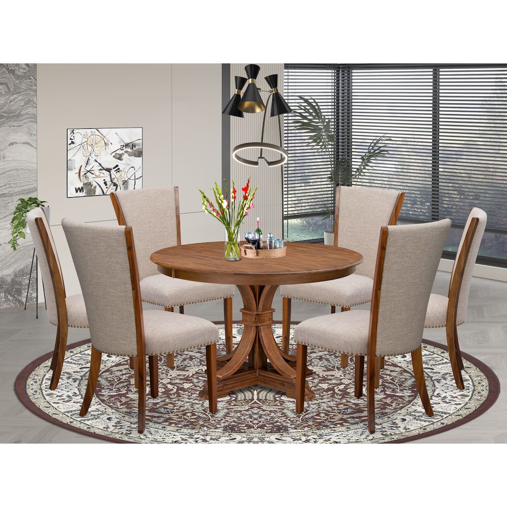 7 Piece Dinette Set Consists Of 48″ Round Dining Table In Light Tan Color