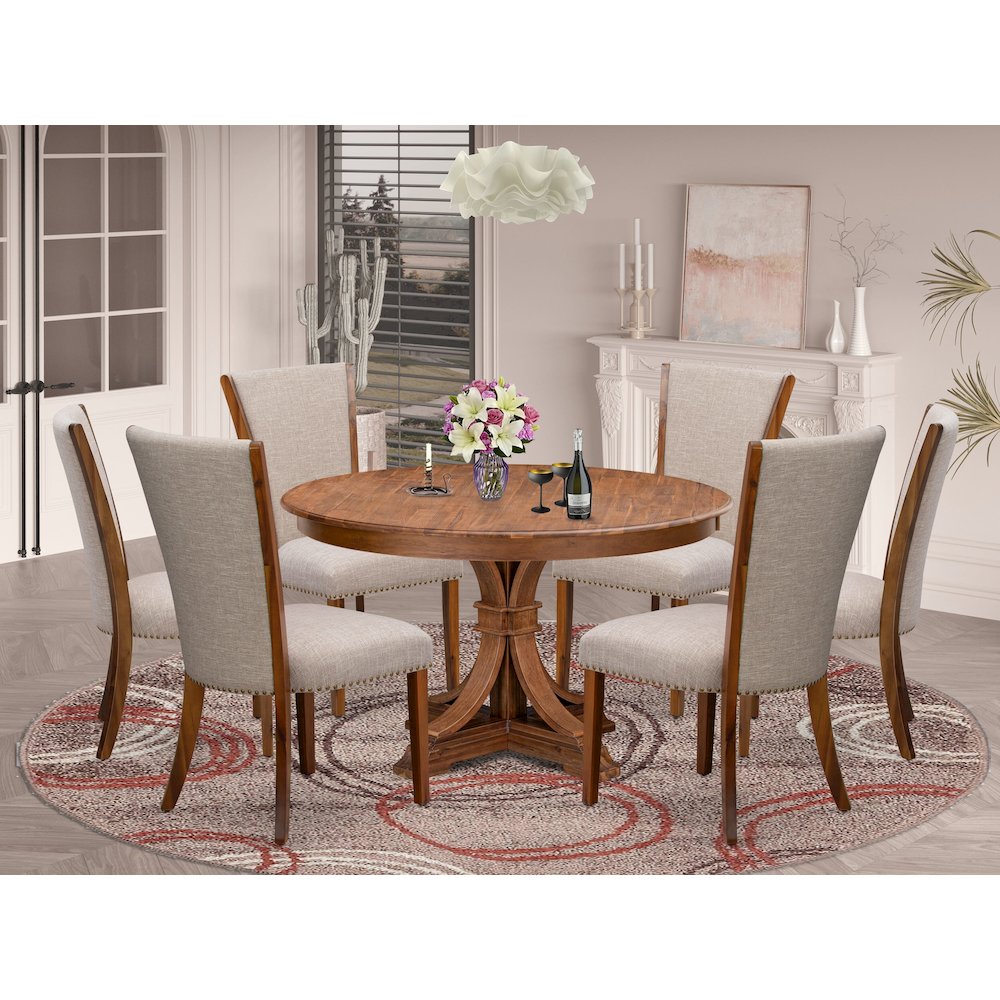 7 Piece Dining Set For 6 Includes 54″ Round Table In Light Tan Color