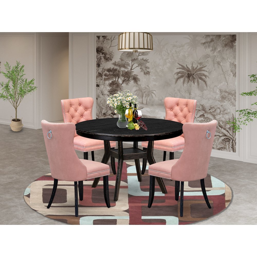 5 Piece Dining Set For 4 Contains 48″ Round Table In Beige Red Color