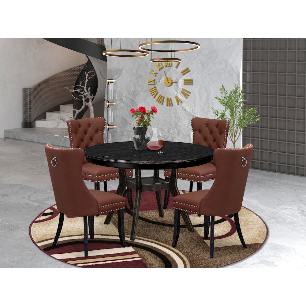 5 Piece Dining Table Set Contains 48″ Round Table In Burgandy Color