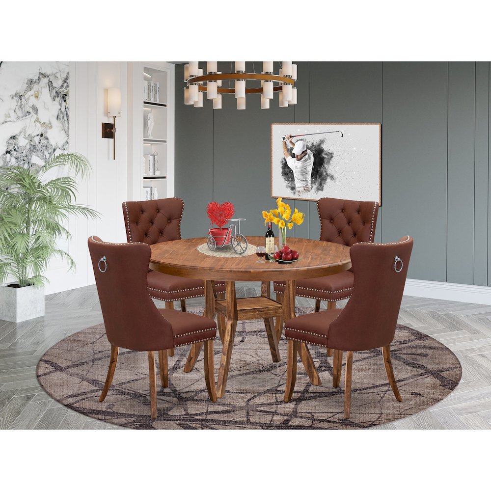 5-Pc Dining Table Set Include A Dinning Table And 4 Burgundy Upholstered Chairs