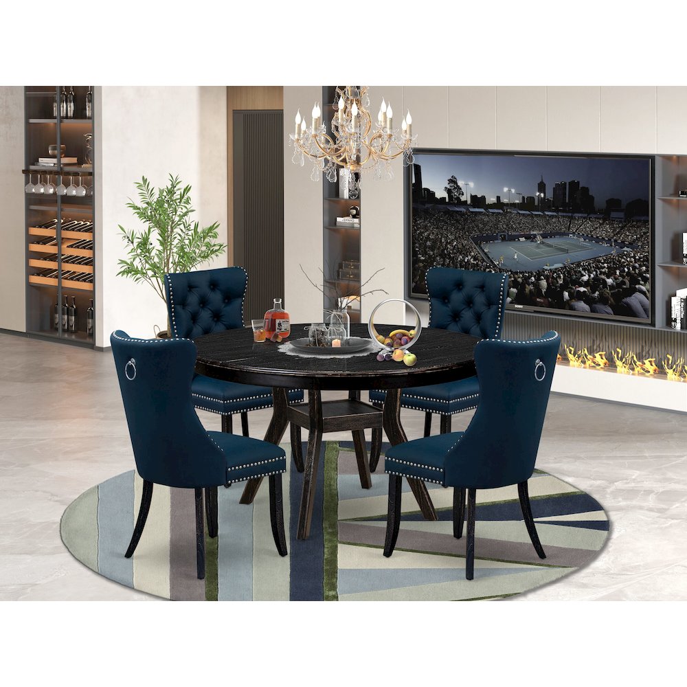5 Piece Dining Table Set Consists Of 54″ Round Table In Navy Blue Color