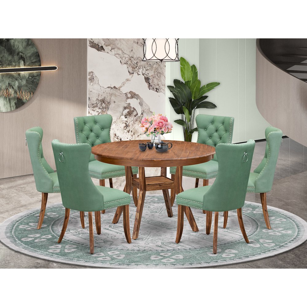 7-Pc Kitchen Set Include A Modern Table And 6 Willow Green Upholstered Chairs