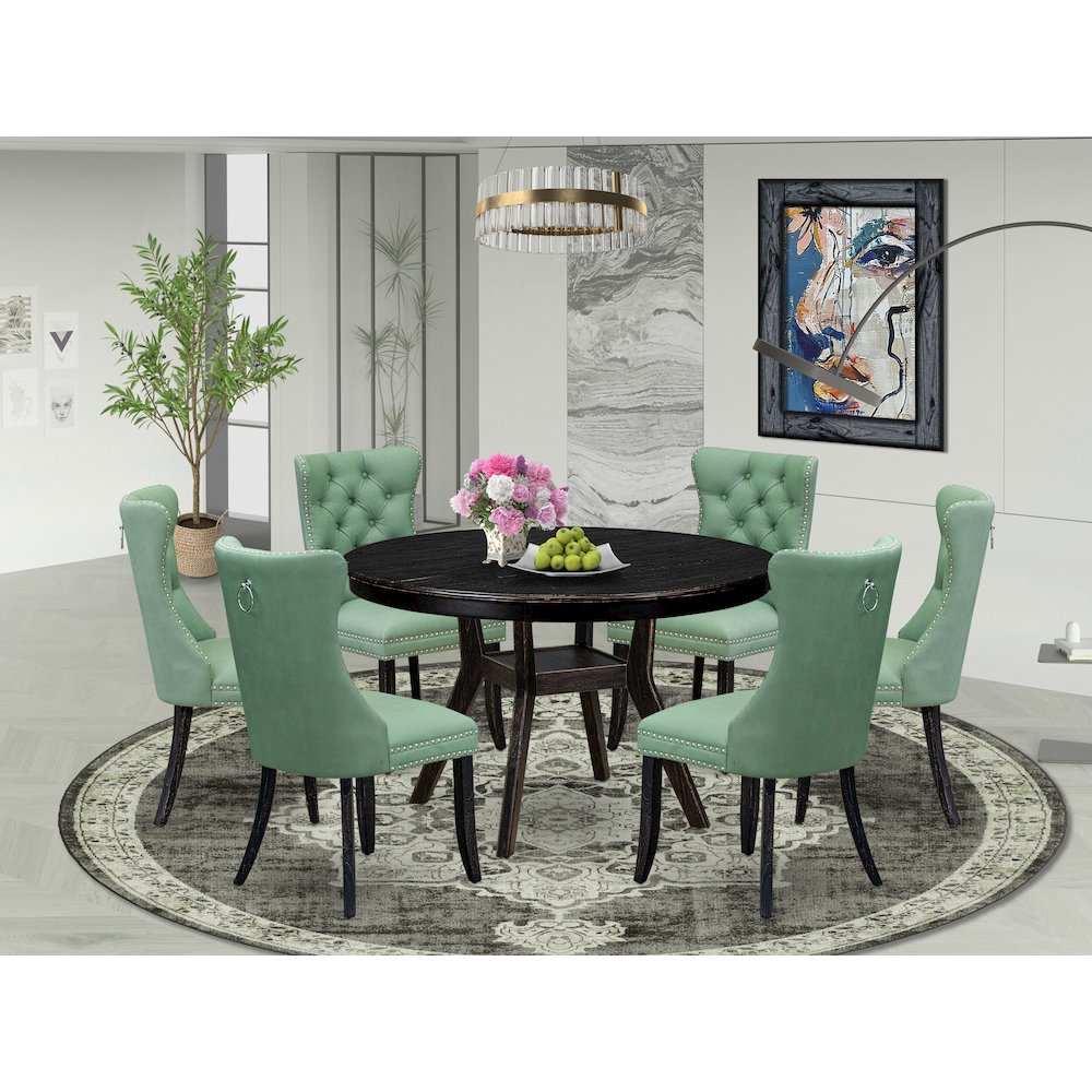 7 Piece Dinette Set Contains 48″ Round Table In Willow Green Color