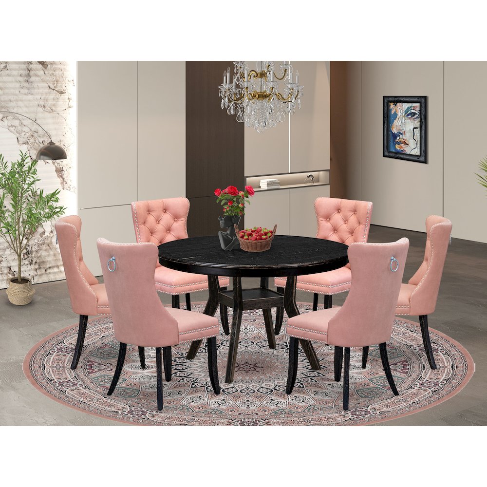 7 Piece Dining Set Includes 48″ Round Kitchen Table In Beige Red Color