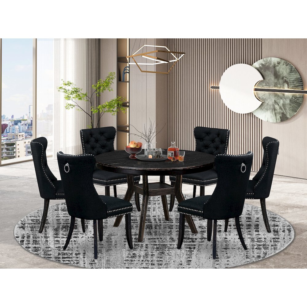 7 Piece Kitchen Table Set Contains 48″ Round Table In Black Color