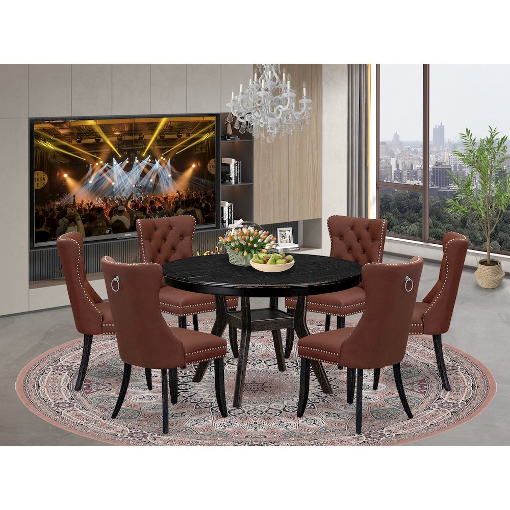 7 Piece Dining Table Set Includes 48″ Round Table In Burgandy Color