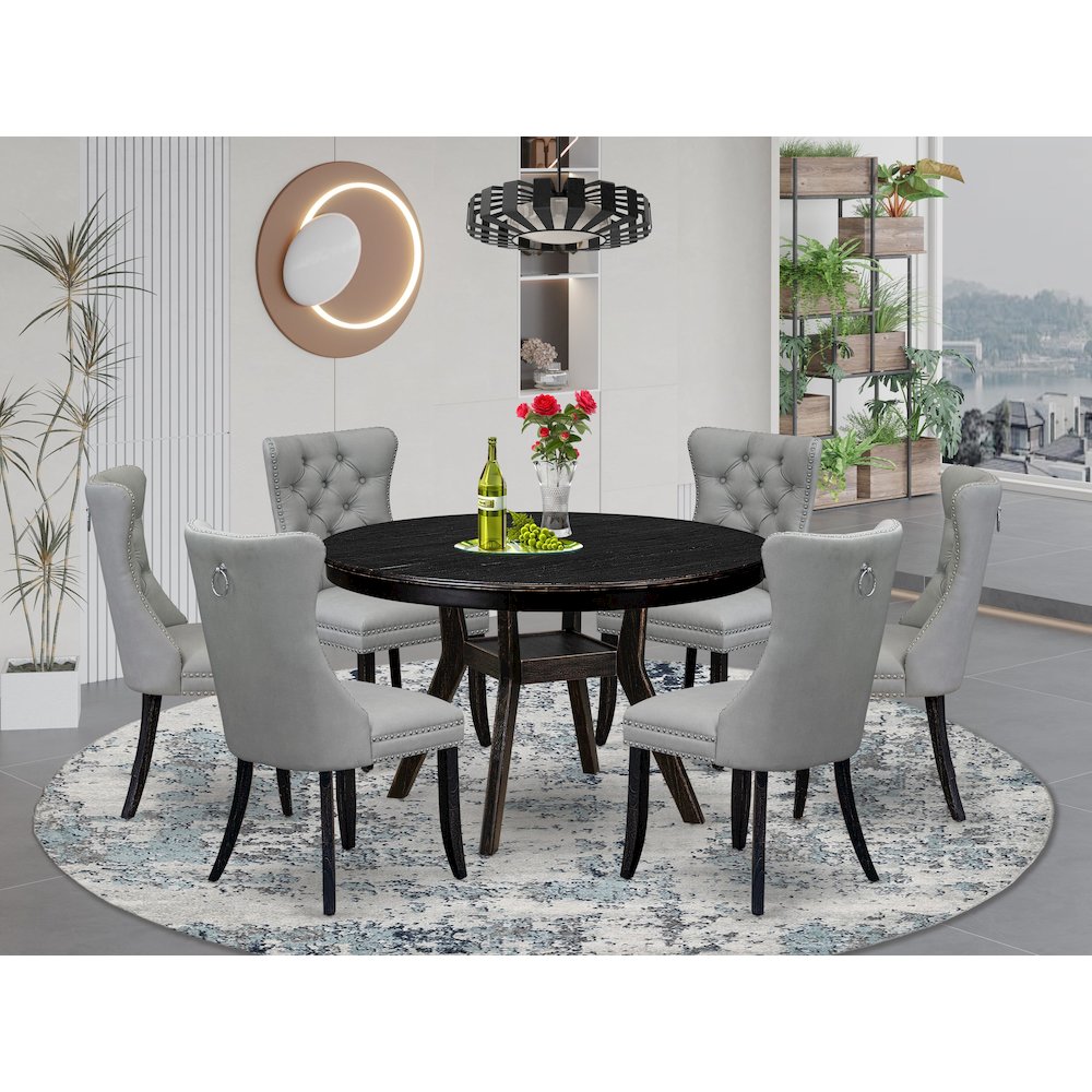 7 Piece Dining Table Set Includes 48″ Round Table In Light Gray Color