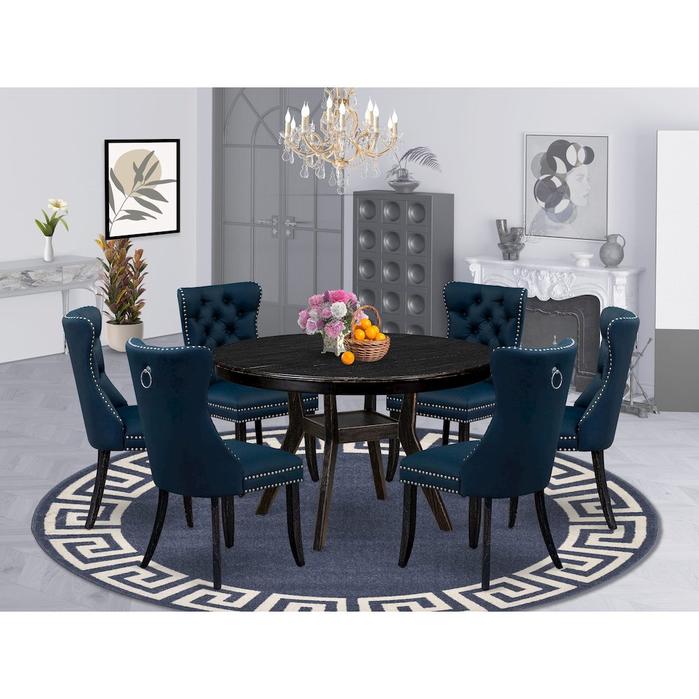 7 Piece Dining Table Set Contains 48″ Round Table In Navy Blue Color