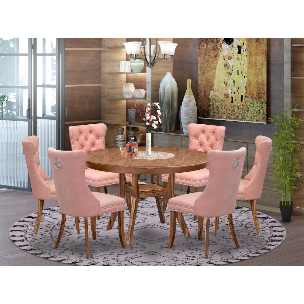 7-Pc Modern Dining Set Consist A Dinner Table And 6 Beige Red Upholstered Chairs