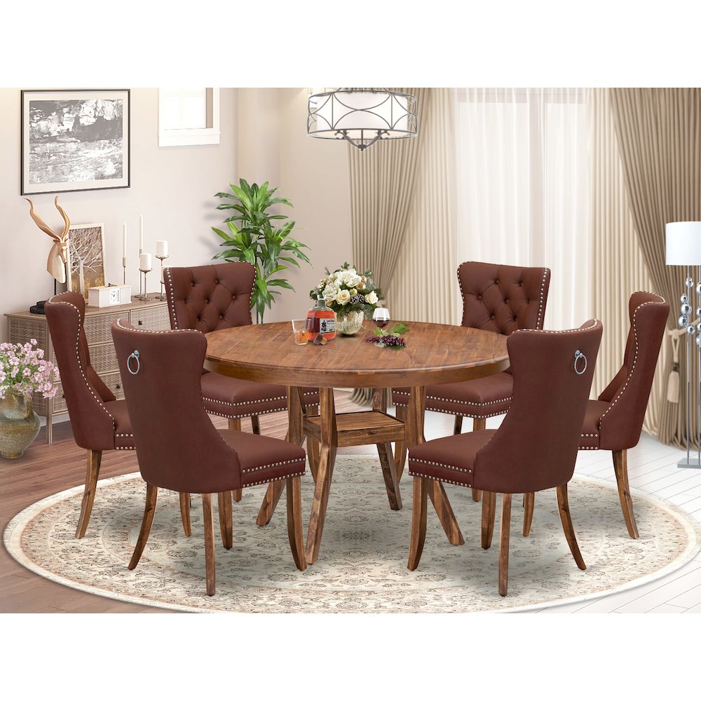 7-Pc Dinner Table Set Consist A Dinner Table And 6 Burgundy Padded Chairs