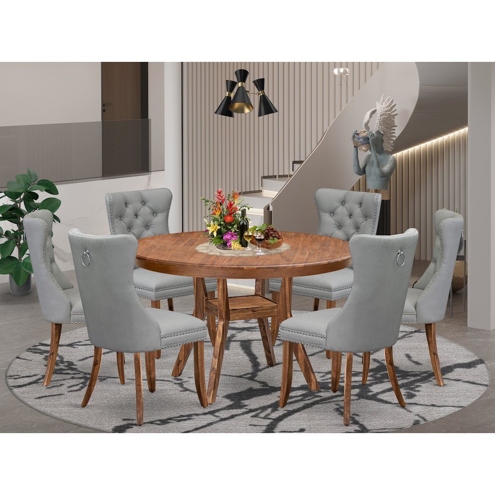7-Pc Dining Set Consist A Dinner Table And 6 Light Gray Upholstered Chairs