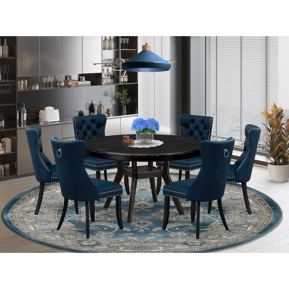 7 Piece Dining Table Set Contains 54″ Round Table In Navy Blue Color