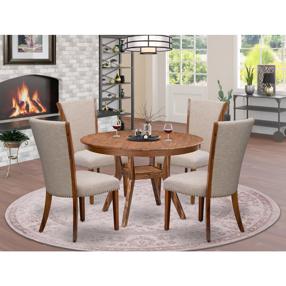 5 Piece Dining Table Set Contains 48″ Round Table In Light Tan Color