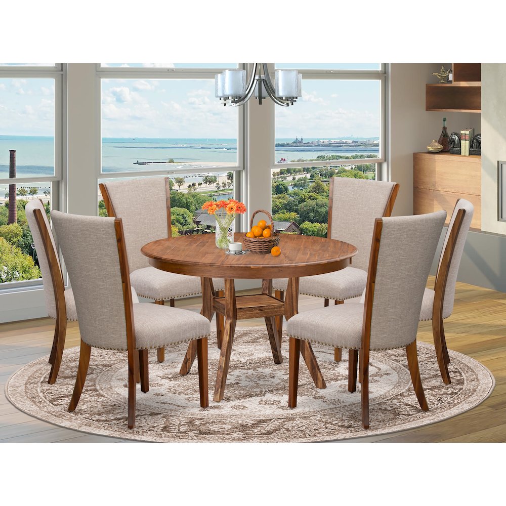 7 Piece Kitchen Table Set Includes 48″ Round Table In Light Tan Color