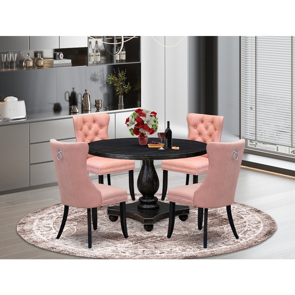 5 Piece Dining Set For 4 Includes 48″ Round Table In Beige Red Color