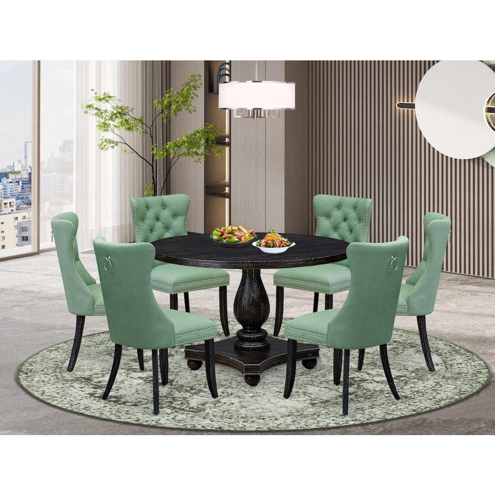7 Piece Dinette Set Consists Of 48″ Round Table In Willow Green Color