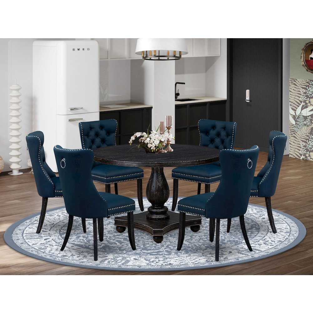 7 Piece Dining Table Set Consists Of 48″ Round Table In Navy Blue Color