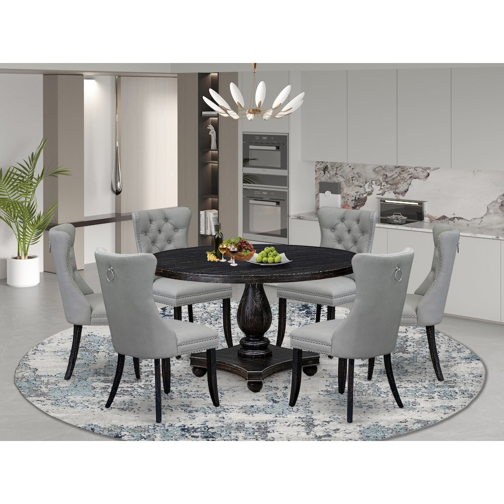7 Piece Dining Table Set Contains 54″ Round Table In Light Gray Color