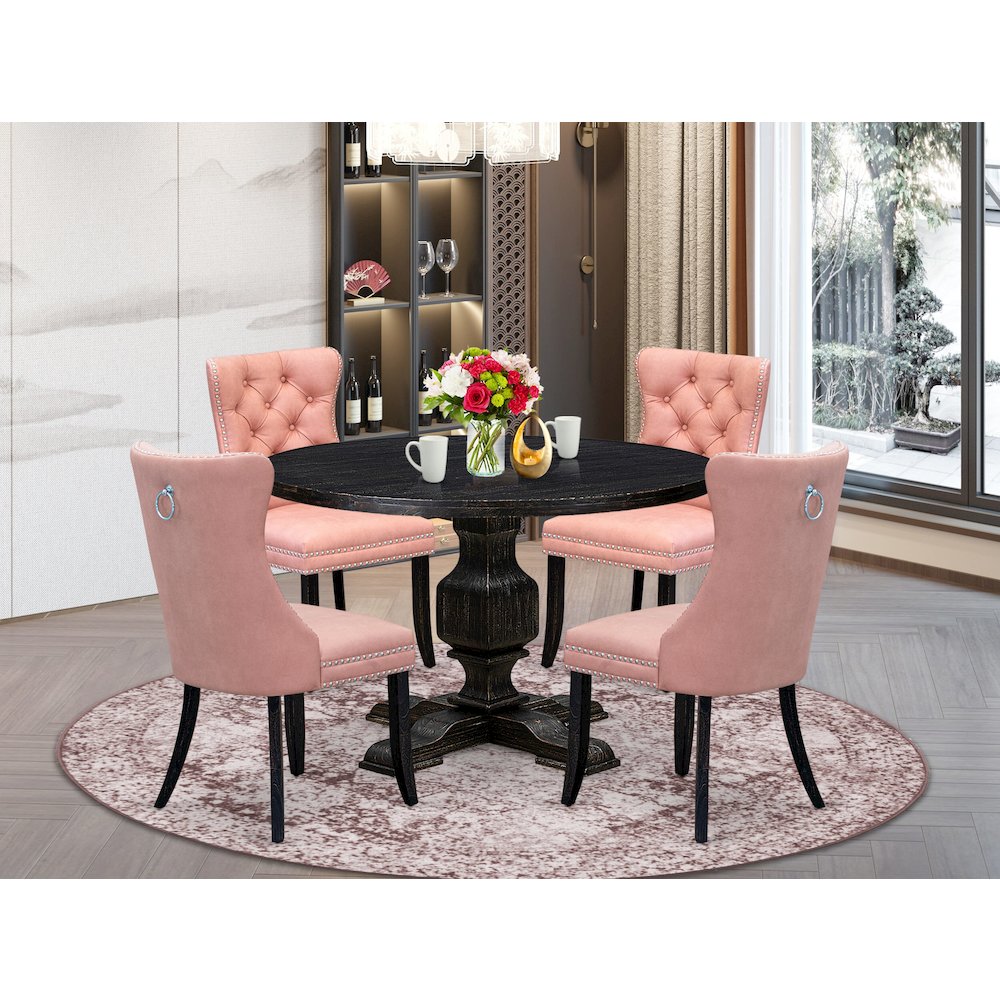 5 Piece Dining Set For 4 Contains 48″ Round Table In Beige Red Color
