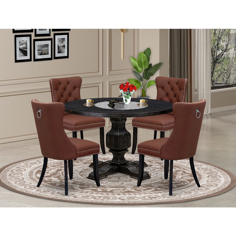 5 Piece Dining Table Set Contains 48″ Round Table In Burgandy Color