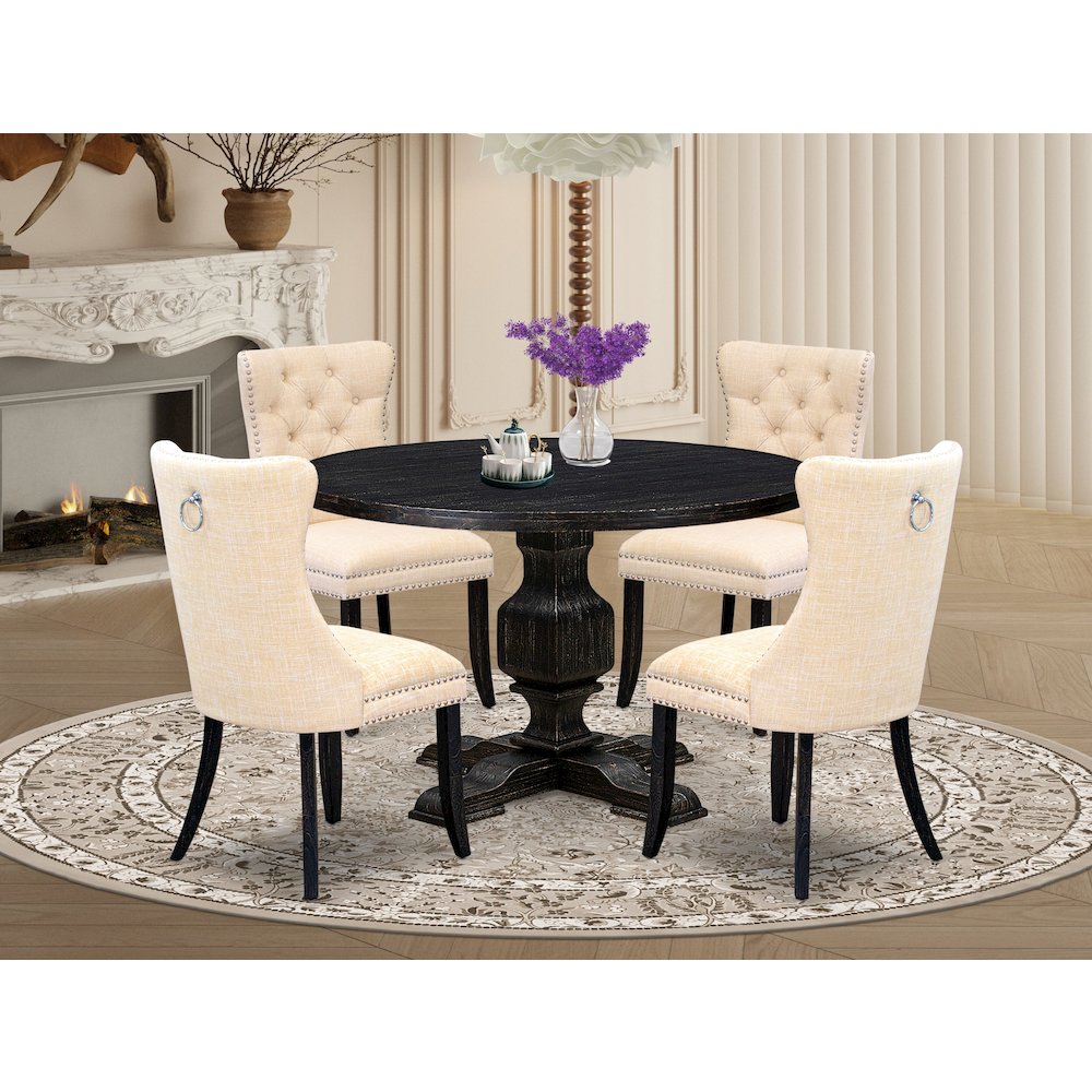 5-Pc Kitchen Table A Wood Table And 4 Light Beige Linen Fabric Dining Chairs