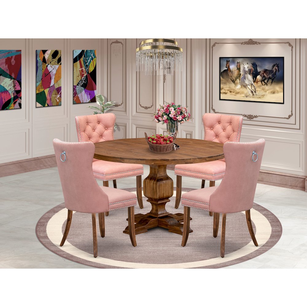 5-Pc Mid Century Modern Dining Set Include A Round Table And 4 Beige Red Chairs