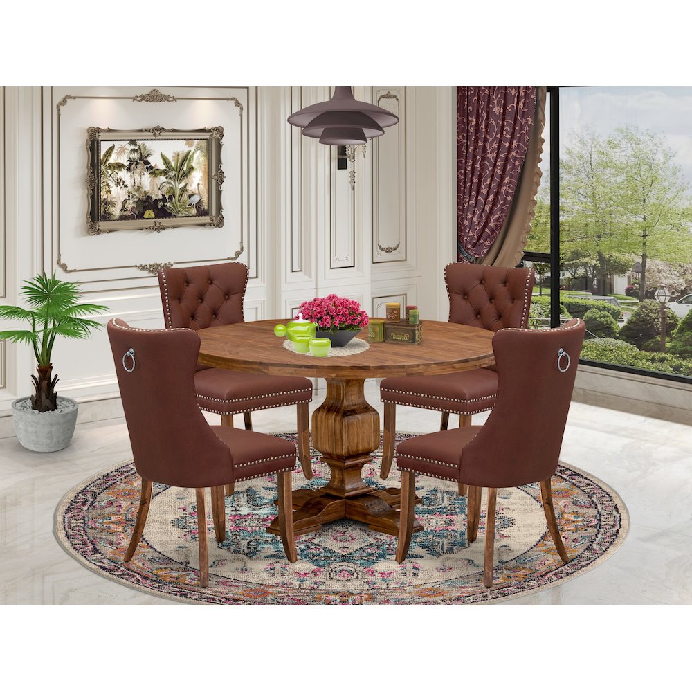 5-Pc Dinner Table Set Include A Round Table And 4 Burgundy Upholstered Chairs