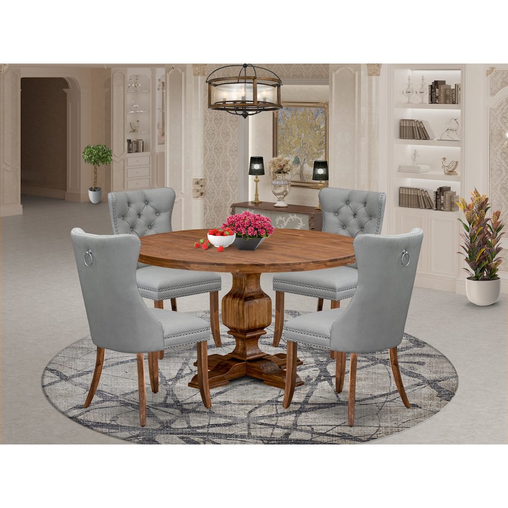 5-Pc Dining Set Include A Round Dining Table And 4 Light Gray Padded Chairs