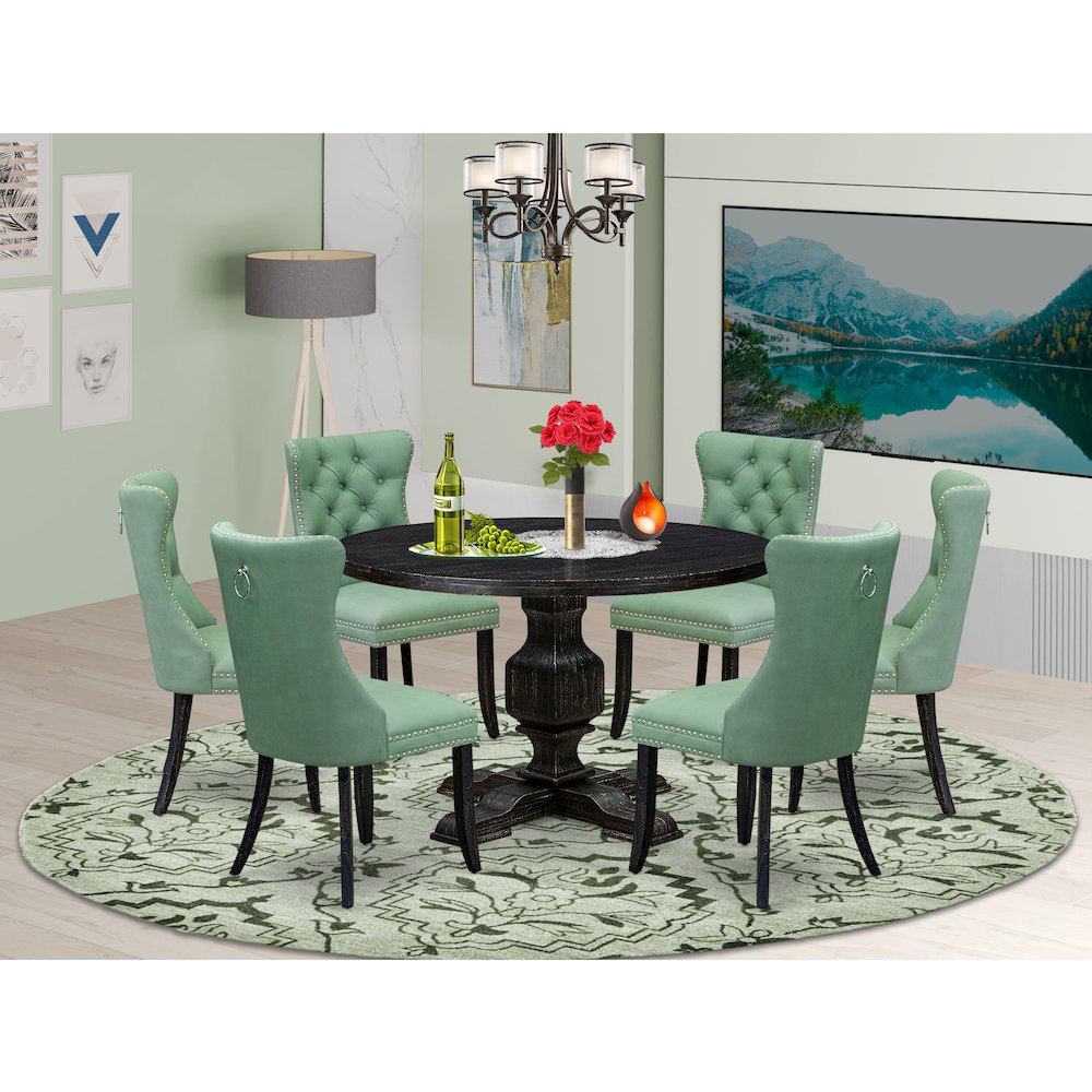 7 Piece Dinette Set Includes 48″ Round Table In Willow Green Color