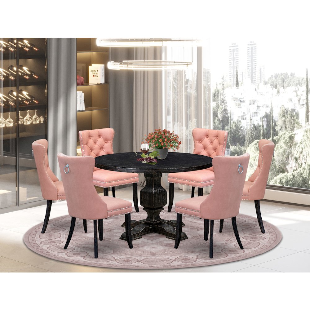 7 Piece Dining Set Includes 48″ Round Kitchen Table In Beige Red Color