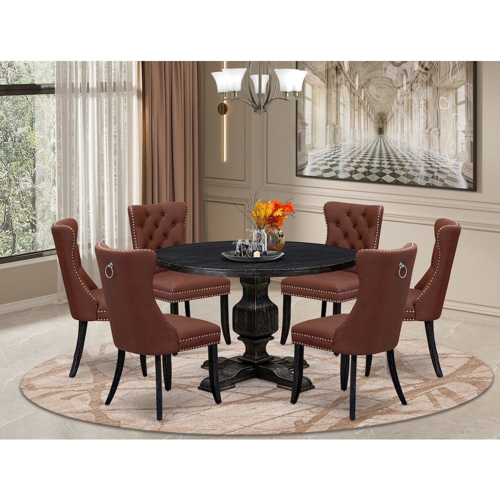 7 Piece Dining Table Set Includes 48″ Round Table In Burgandy Color