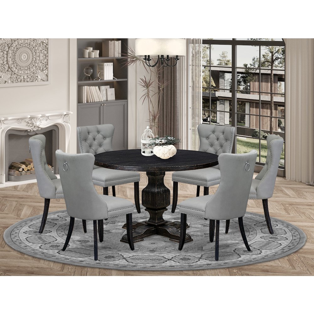 7 Piece Dining Table Set Includes 48″ Round Table In Light Gray Color