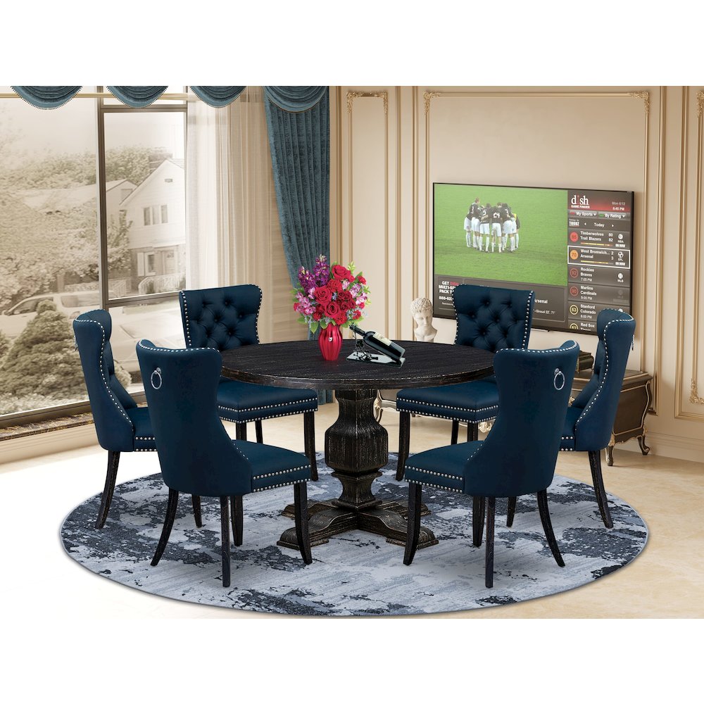 7 Piece Dining Table Set Includes 48″ Round Table In Navy Blue Color