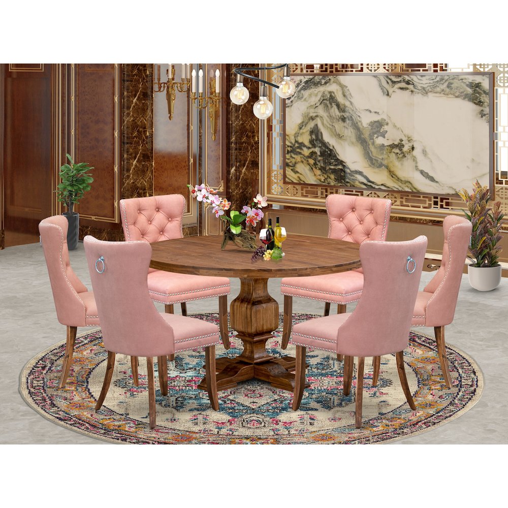 7-Pc Kitchen Dining Table Set Consist A Mid Century Table And 6 Beige Red Chairs