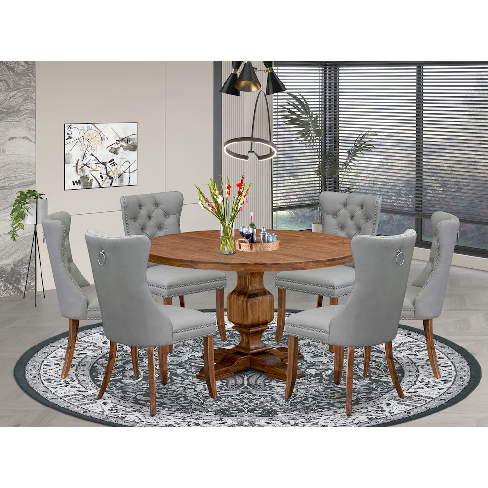 7-Pc Dining Set Consist A Mid Century Table And 6 Light Gray Upholstered Chairs