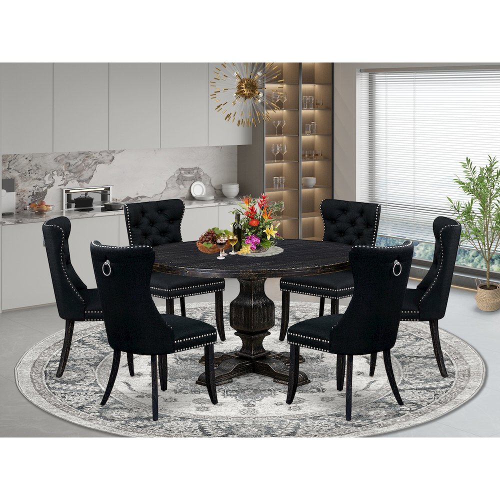 7 Piece Kitchen Table Set Consists Of 54″ Round Table In Black Color