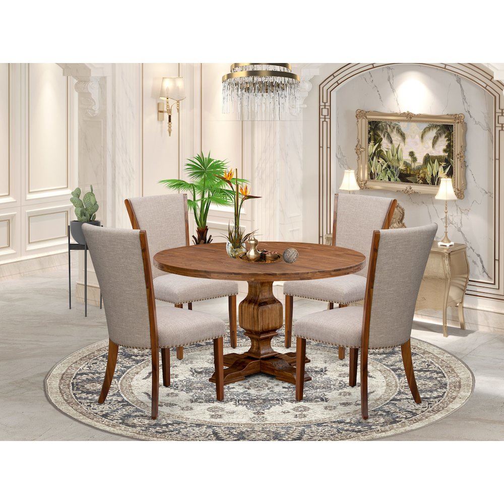 5 Piece Kitchen Table Set Includes 54″ Round Table In Light Tan Color