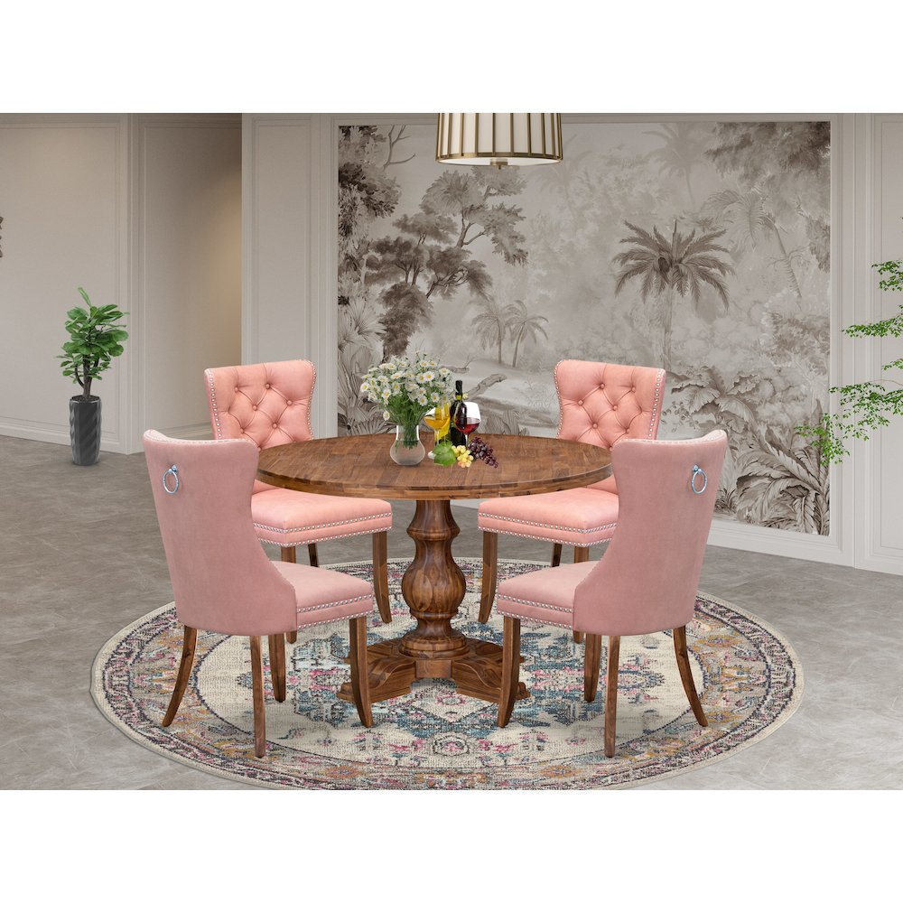 5-Pc Modern Dining Table Set Contain A Wood Table And 4 Beige Red Parson Chairs