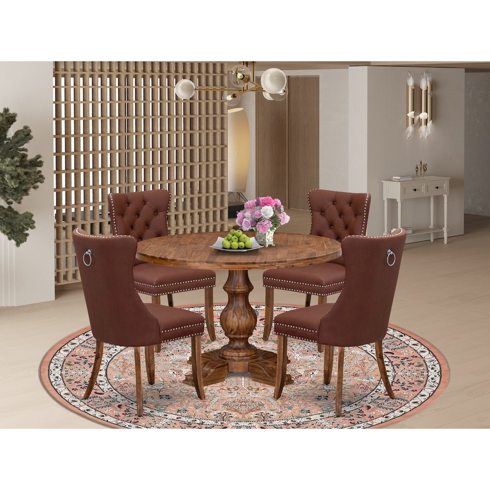 5-Pc Mid Century Modern Dining Set Contain A Wood Table And 4 Burgundy Chairs