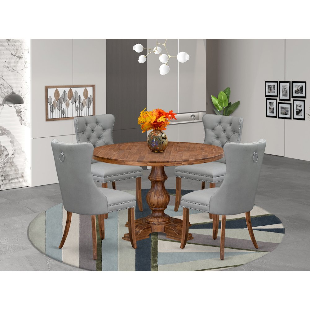 5-Pc Dinner Table Set Contain A Wood Table And 4 Light Gray Upholstered Chairs