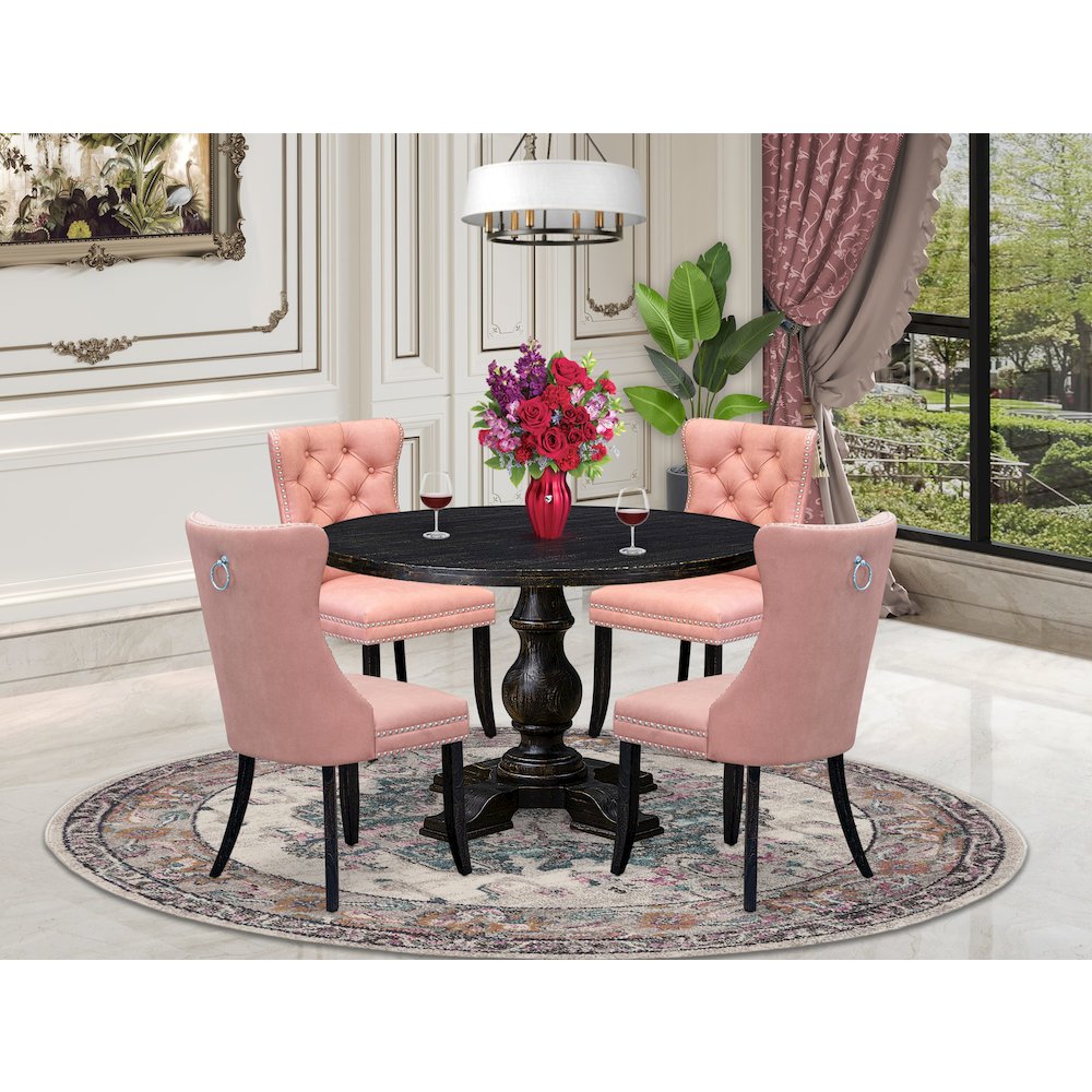 5 Piece Dining Set For 4 Consists Of 48″ Round Table In Beige Red Color