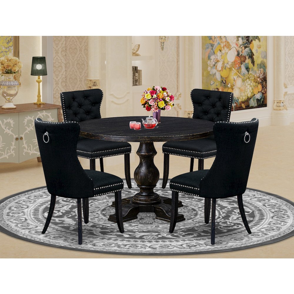 5-Piece Dining Room A Dining Table And 4 Black Linen Fabric Dining Chairs