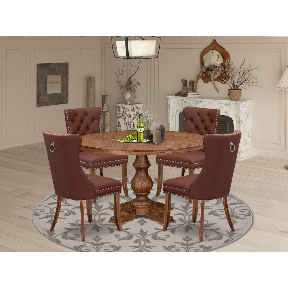 5-Pc Kitchen Table Set Contain A Wooden Table And 4 Burgundy Upholstered Chairs