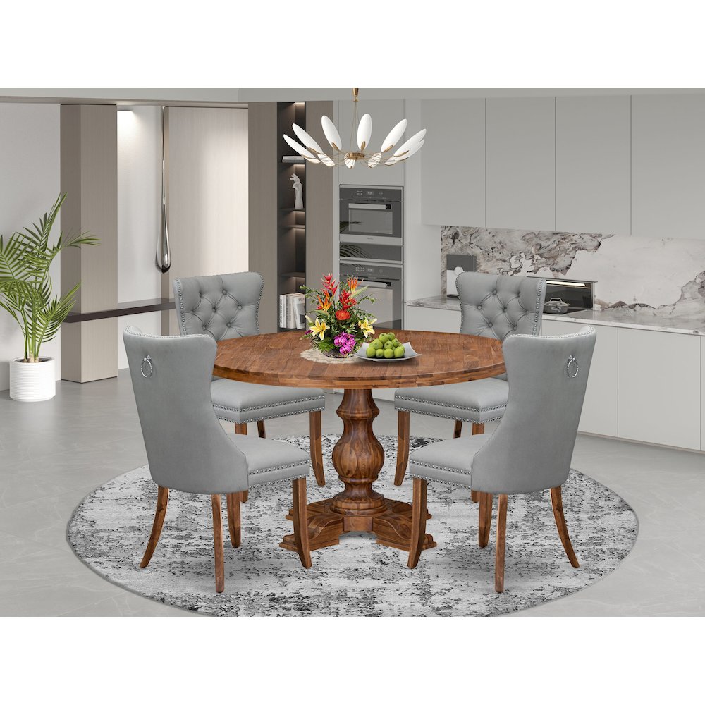5-Pc Dining Table Set Contain A Wooden Table And 4 Light Gray Upholstered Chairs