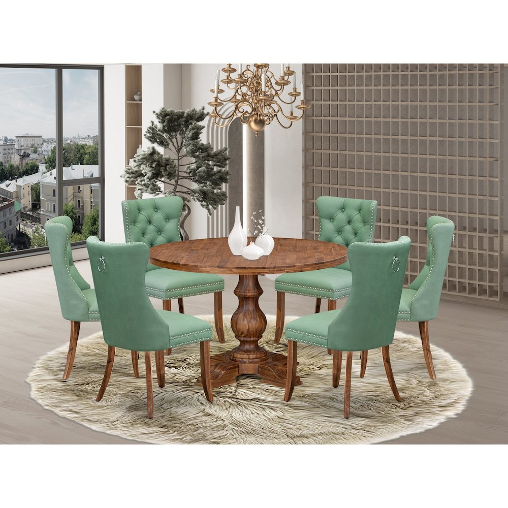 7-Pc Dining Set Include A Modern Dining Table And 6 Willow Green Chairs