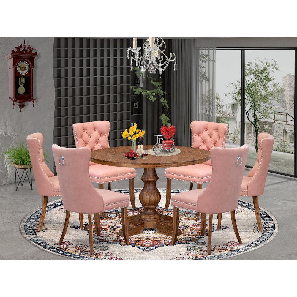 7-Pc Modern Dining Set Include A Table And 6 Beige Red Upholstered Dining Chairs
